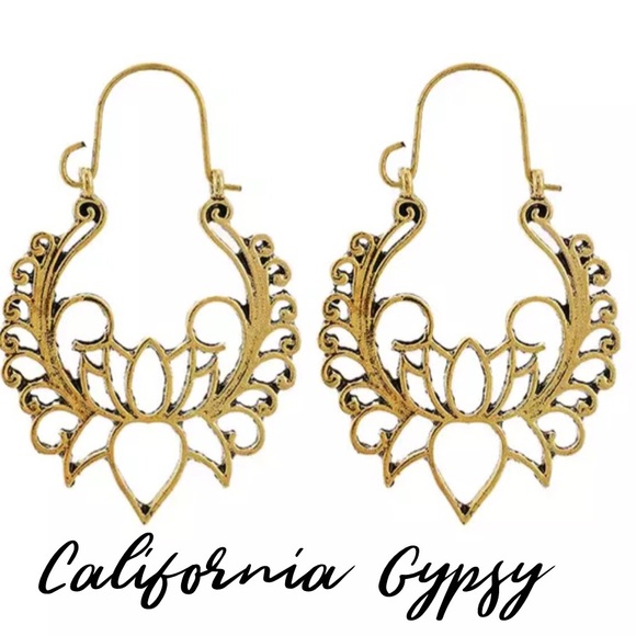 Mandala Lotus Antique Gold Boho Earrings - Picture 5 of 7